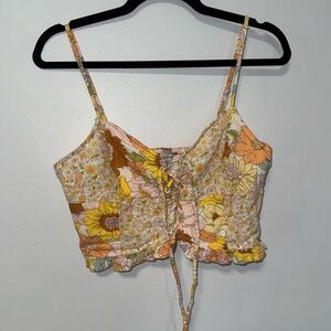 American Eagle Floral Linen Cropped Lace Up Tank Size Medium